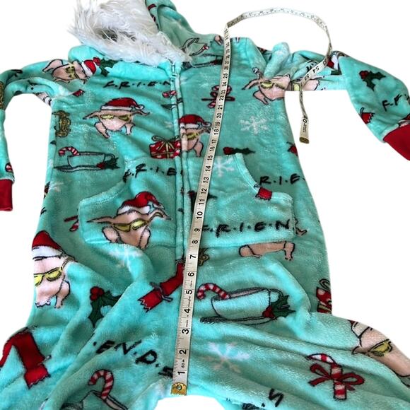 Friends XS Christmas One Pc Fleece Pajamas w Fur Trimmed Hood Holiday Cozy Warm - Picture 6 of 7